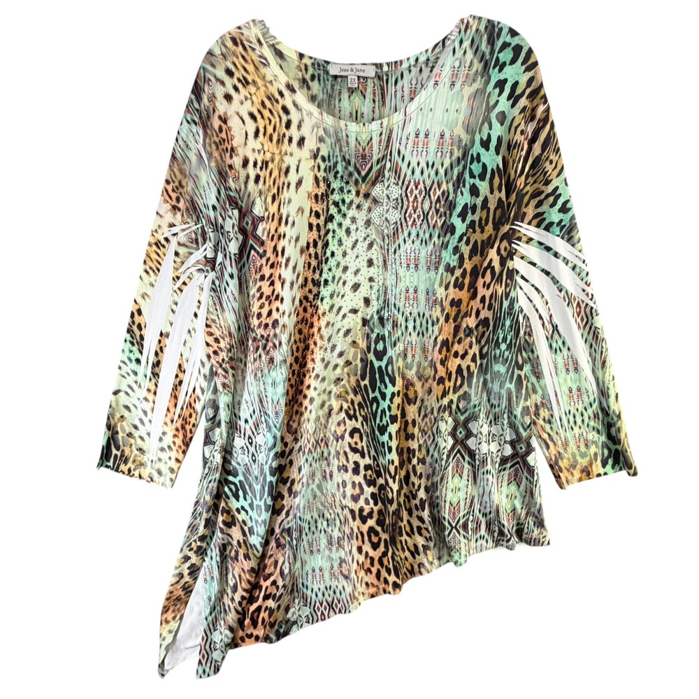 Jess & Jane Asymmetrical Tunic Womens 2X Tan Green Animal Print Rhinestones Boho